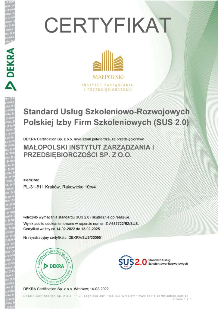 Certyfikat DEKRA SUS 2.0